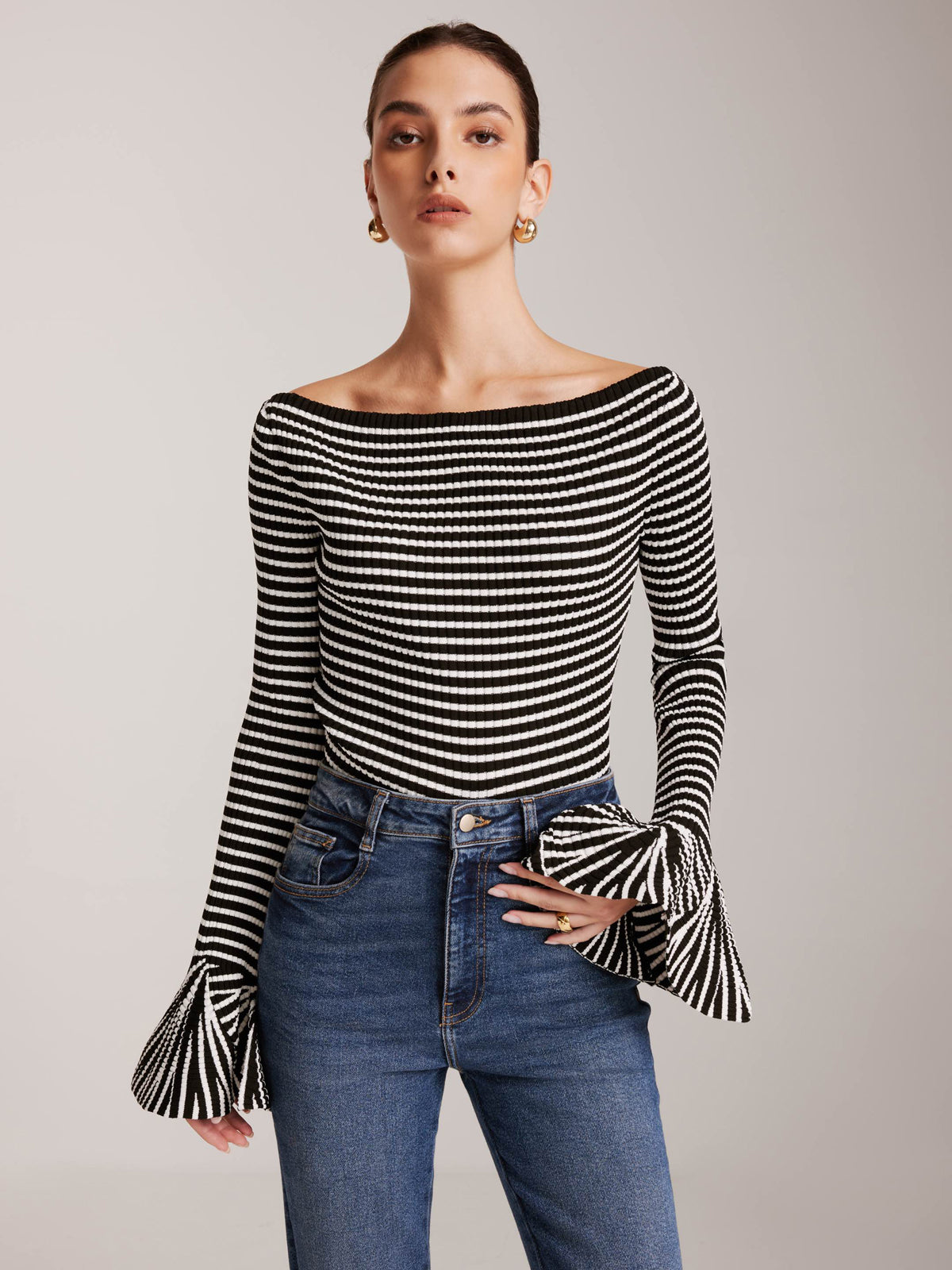 Cold-Shoulder Striped Ruffle-Sleeve Cardigan