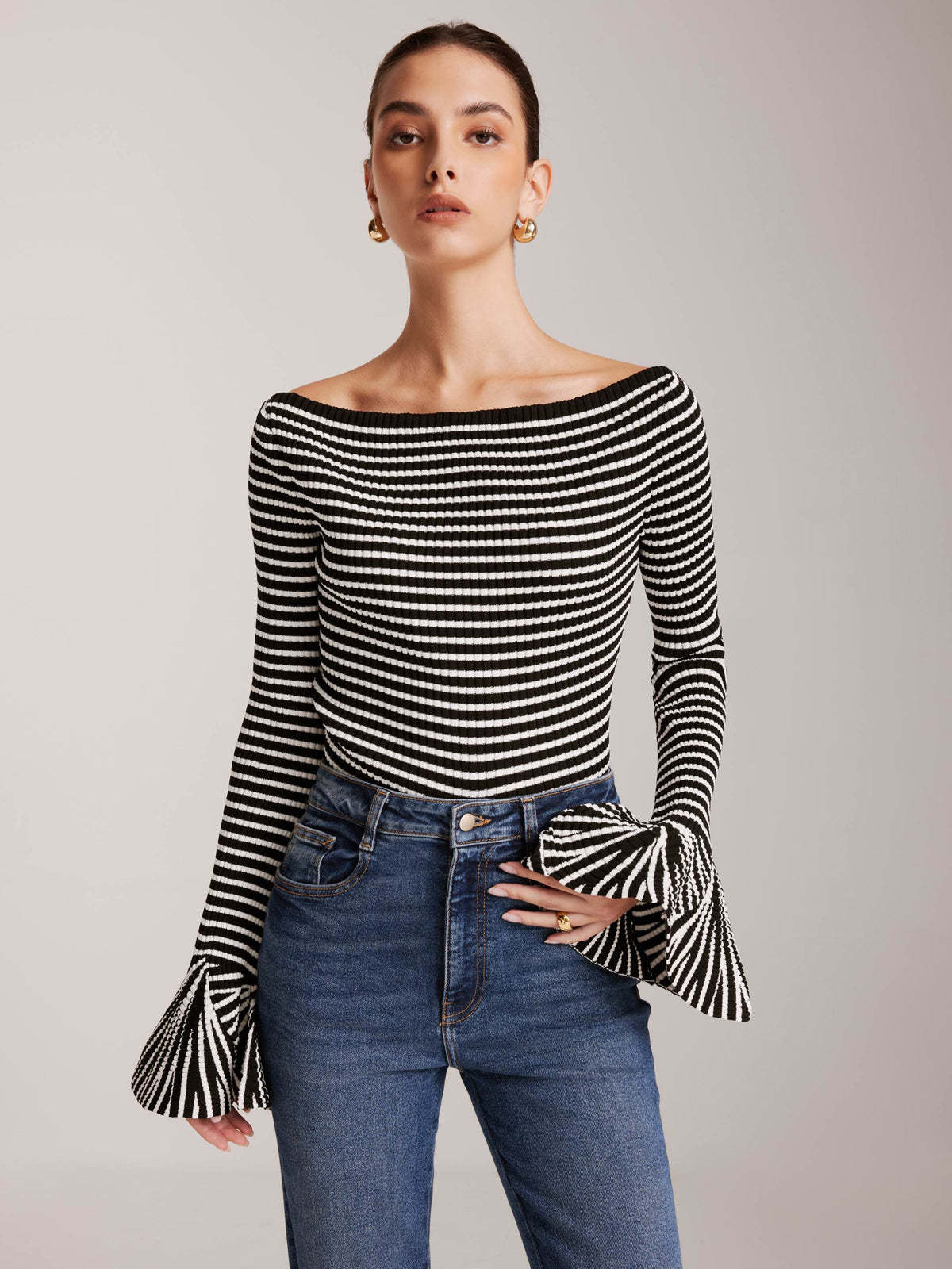 Cold-Shoulder Striped Ruffle-Sleeve Cardigan