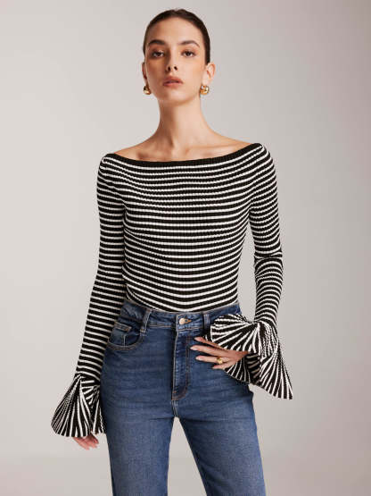 Cold-Shoulder Striped Ruffle-Sleeve Cardigan