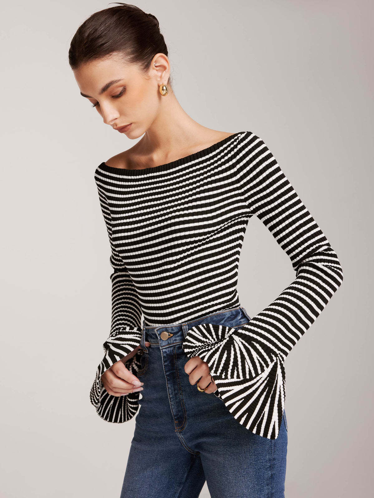Cold-Shoulder Striped Ruffle-Sleeve Cardigan