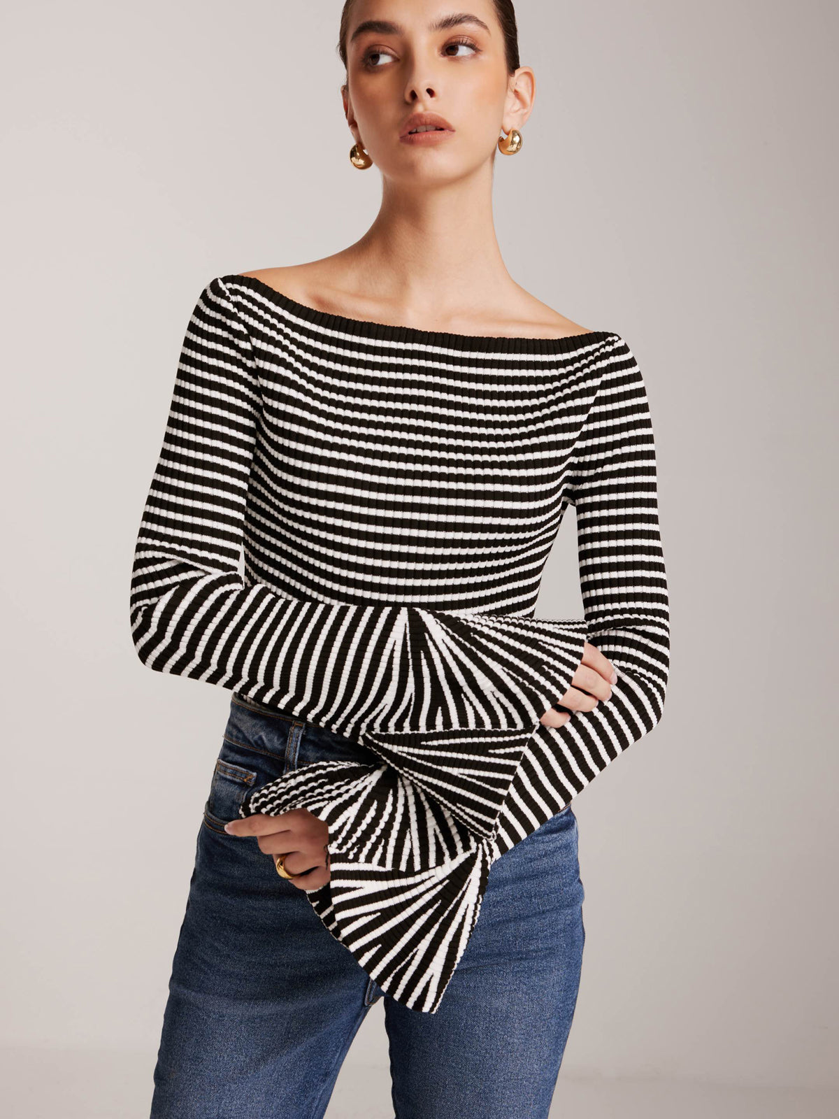 Cold-Shoulder Striped Ruffle-Sleeve Cardigan