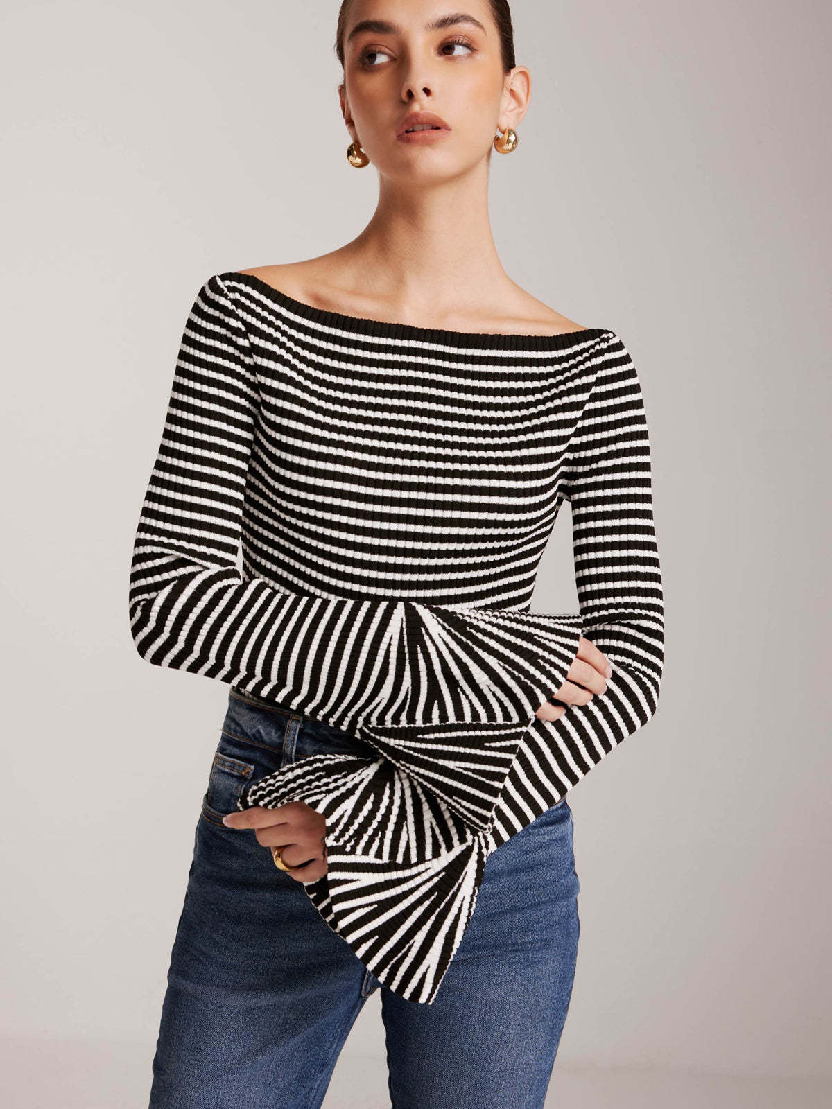 Cold-Shoulder Striped Ruffle-Sleeve Cardigan