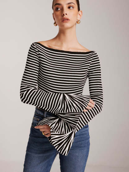 Cold-Shoulder Striped Ruffle-Sleeve Cardigan