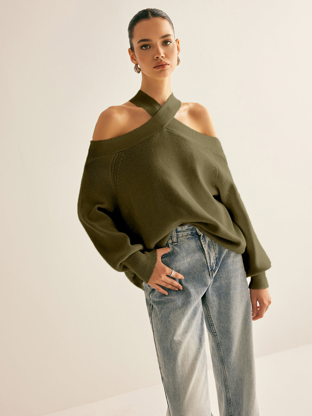Cross-Over Collar Cold-Shoulder Sweater – J.ING