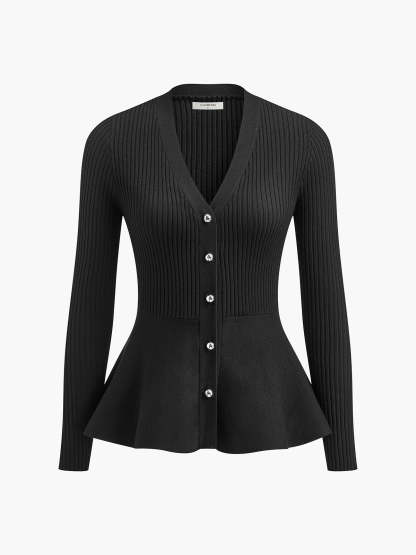 Ribbed Panel Bud Waist Button Knit Top