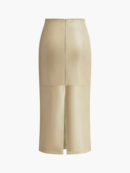 Faux Leather Piping Sit Midi Skirt