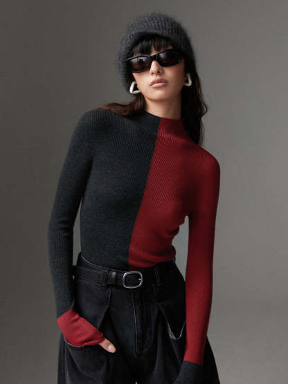 Wool-Blend Two Tone Skinny Knit Top
