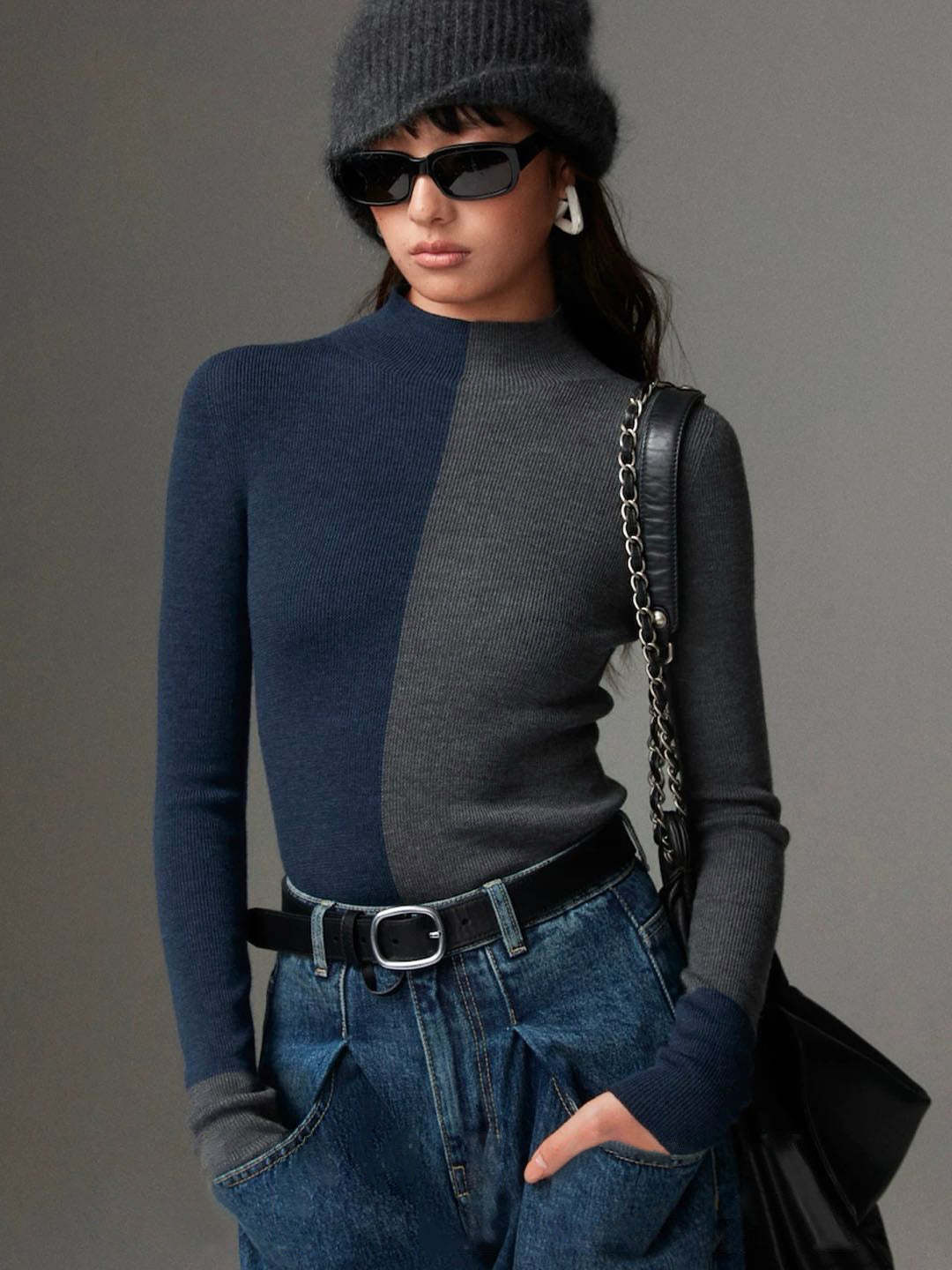 Wool-Blend Two Tone Skinny Knit Top
