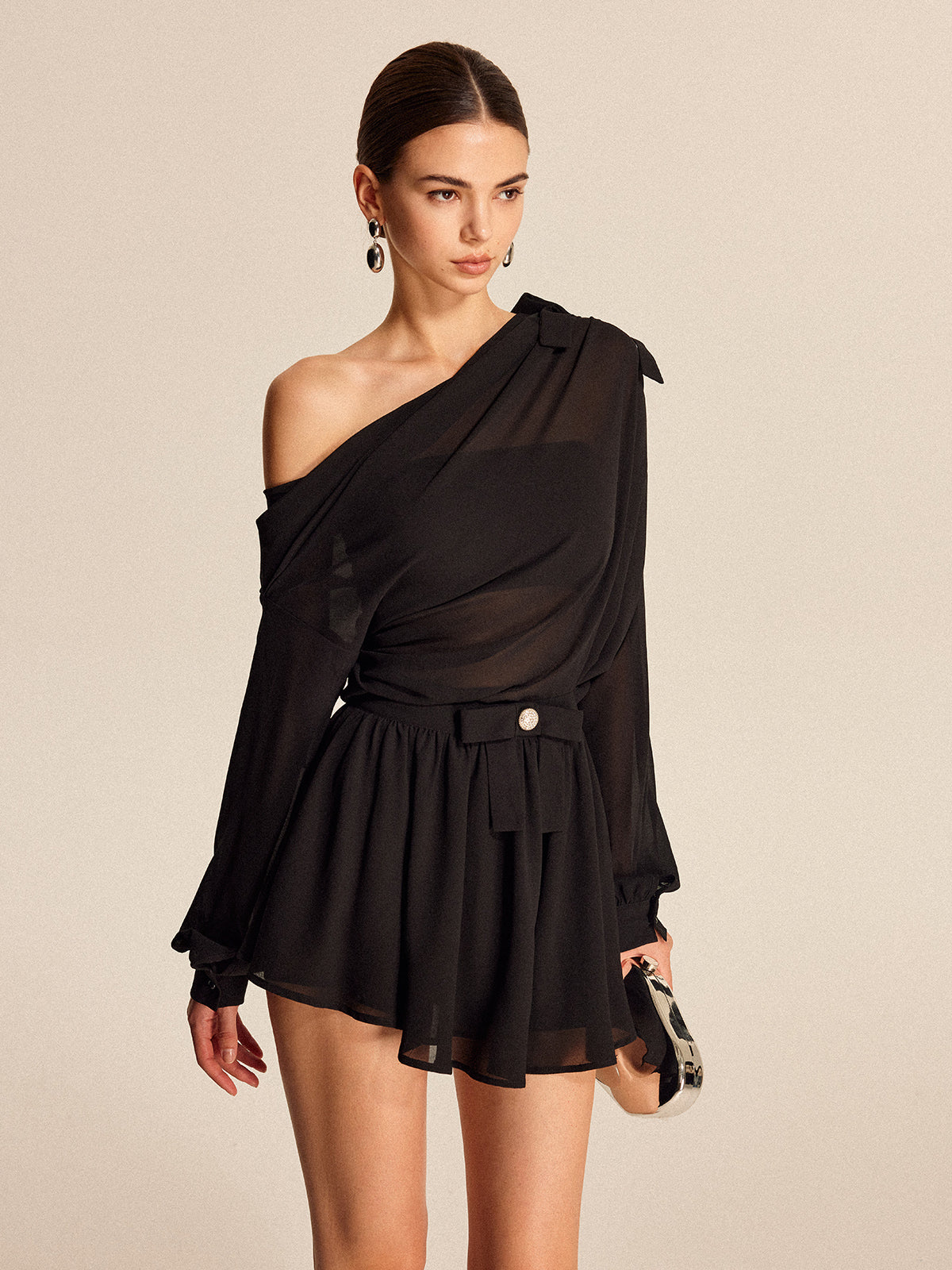 Semi-Sheer Chiffon One-Shoulder Bow Detail Skirt Set