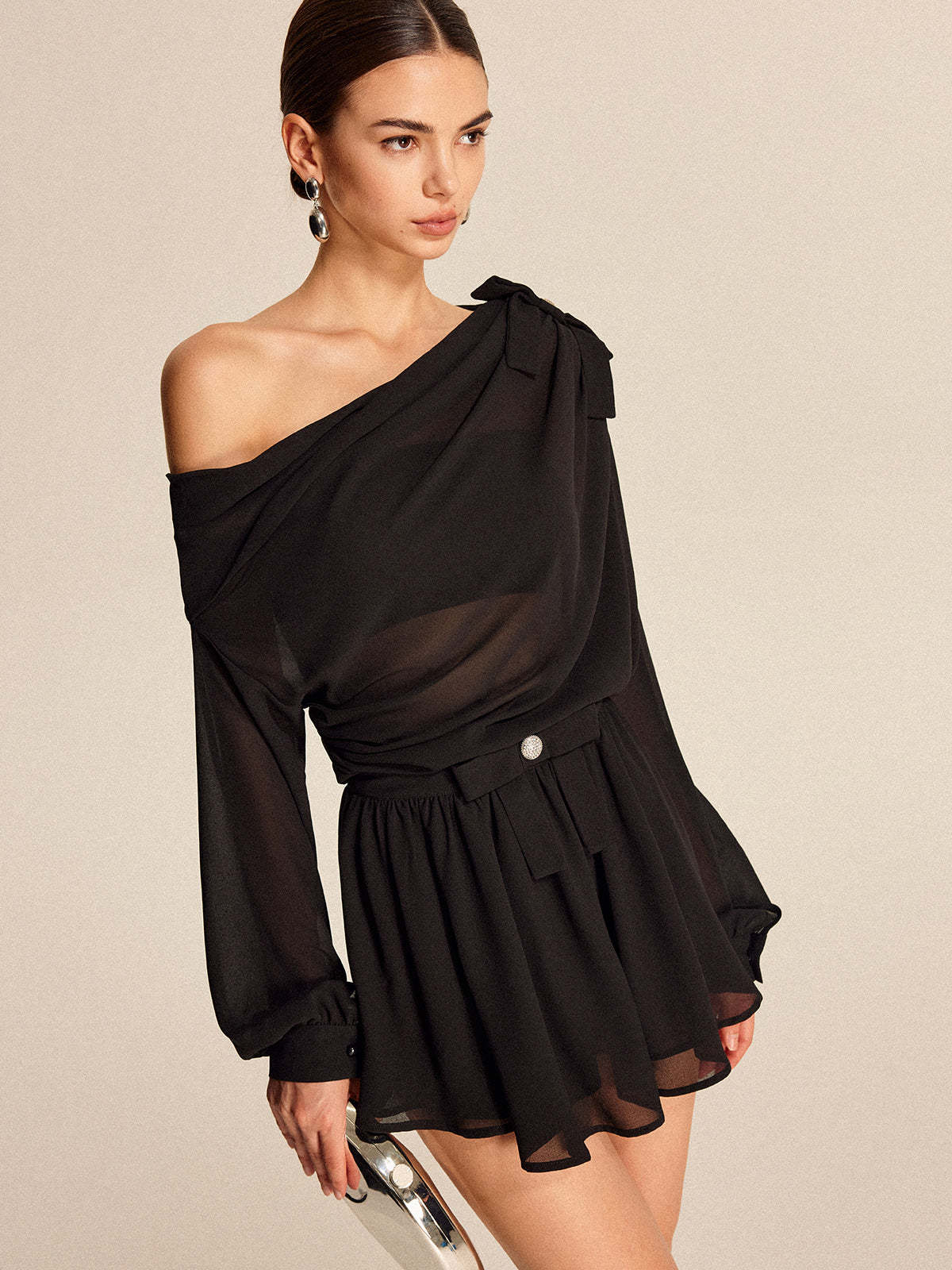 Semi-Sheer Chiffon One-Shoulder Bow Detail Skirt Set