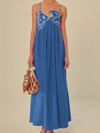 Embroidered Fish Spaghetti Strap Midi Dress