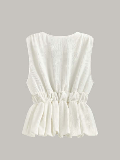 V-Neck Gathered Waist Bow-Detail Top