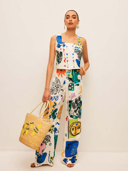Graphic Print Crop Top With Wide-Leg Pants Set