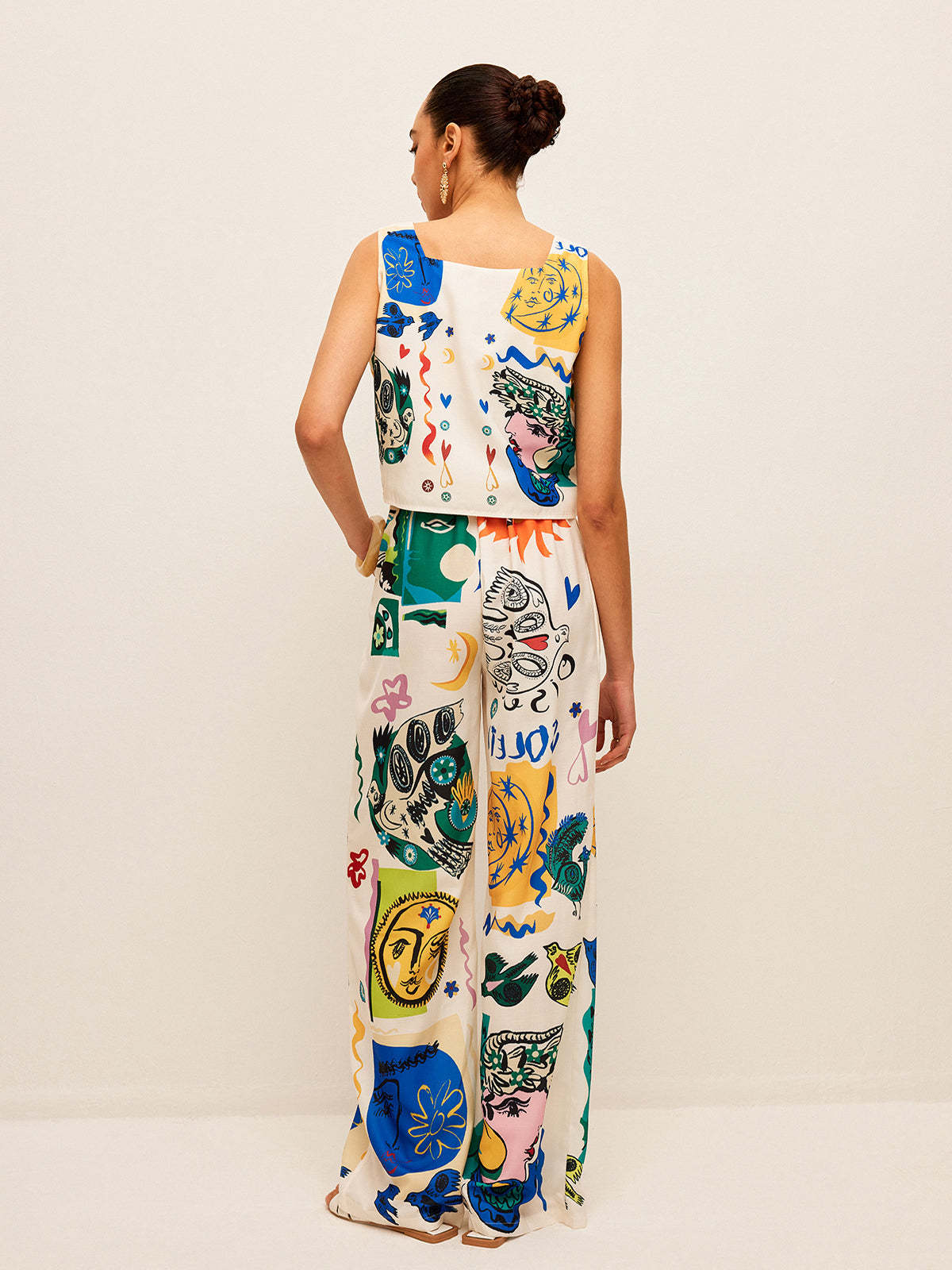 Graphic Print Crop Top With Wide-Leg Pants Set