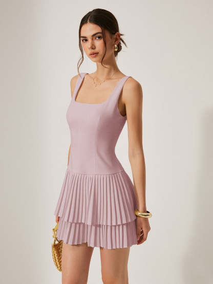 Square Neck Pleated Dress