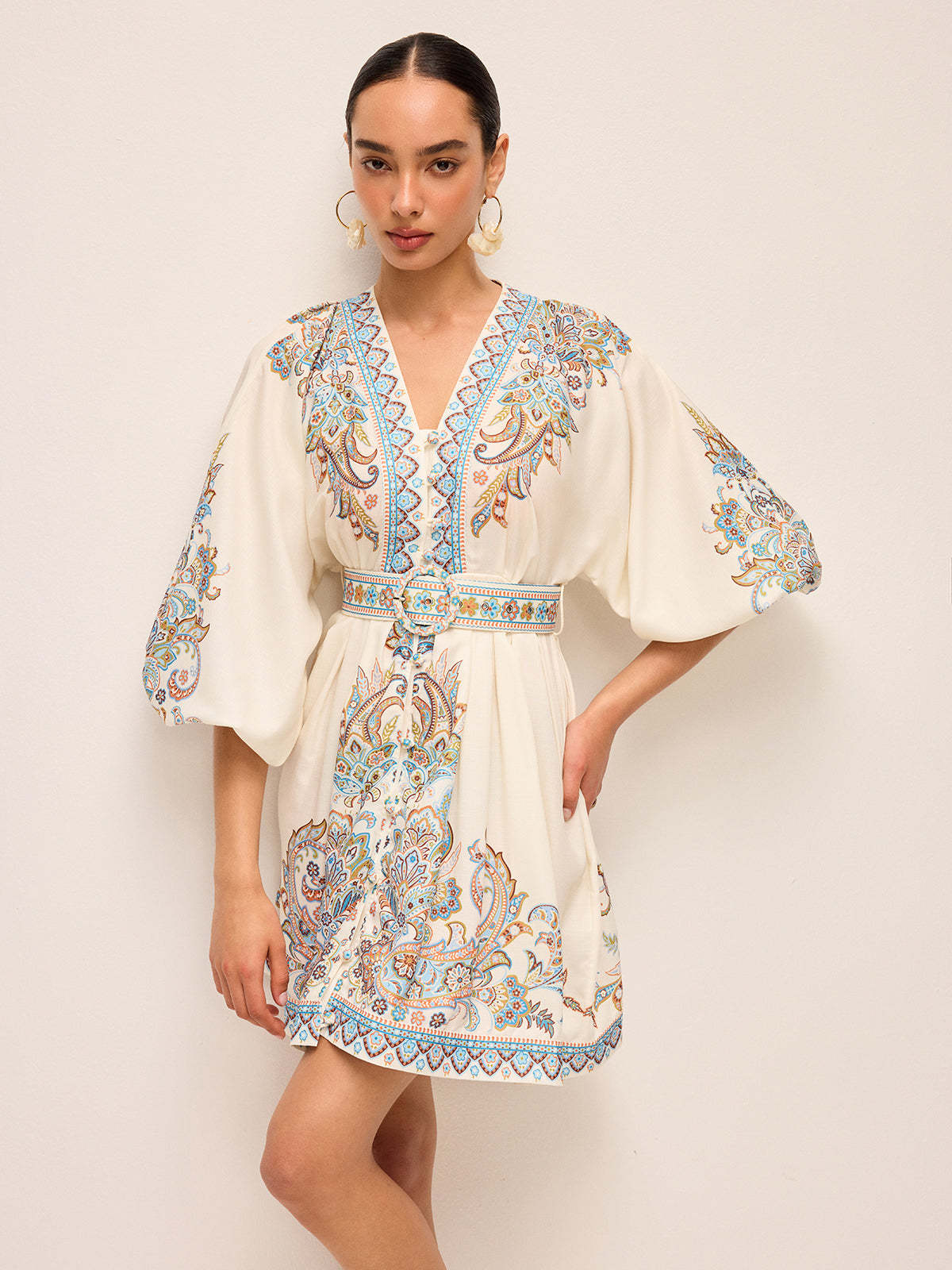 Boho Belted V-Neck Dress With Balloon Sleeves