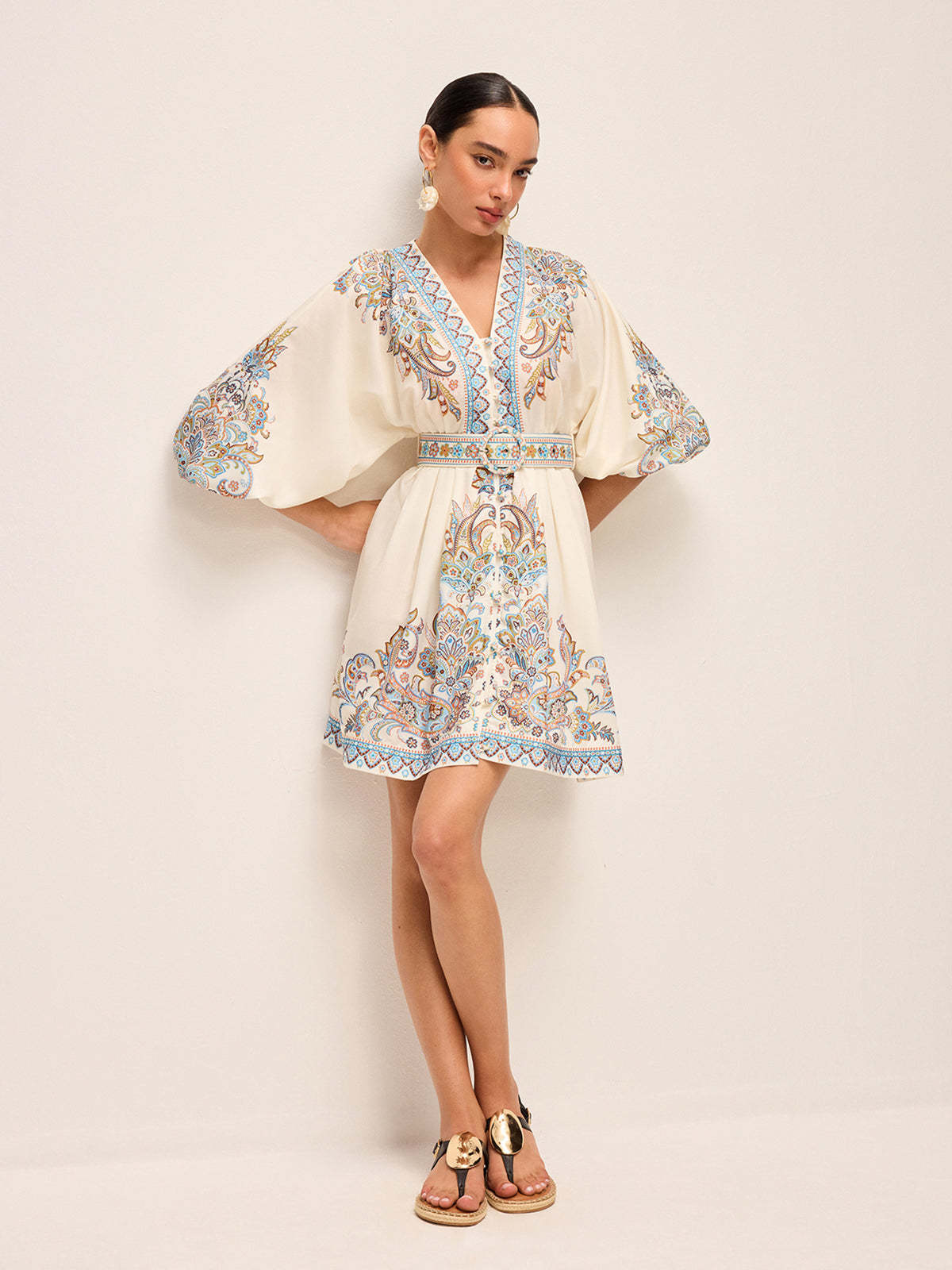 Boho Belted V-Neck Dress With Balloon Sleeves