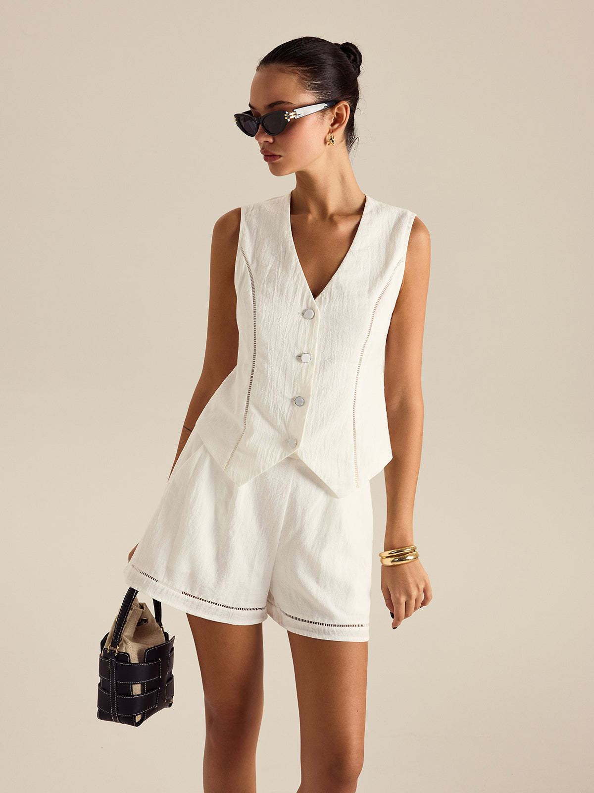 Cotton Button Detail Vest Top With Pockets Shorts Set