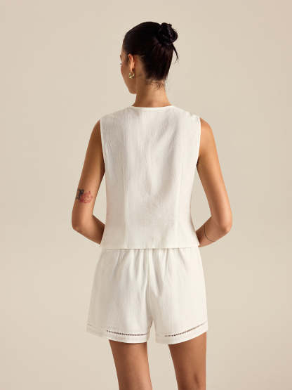 Cotton Button Detail Vest Top With Pockets Shorts Set