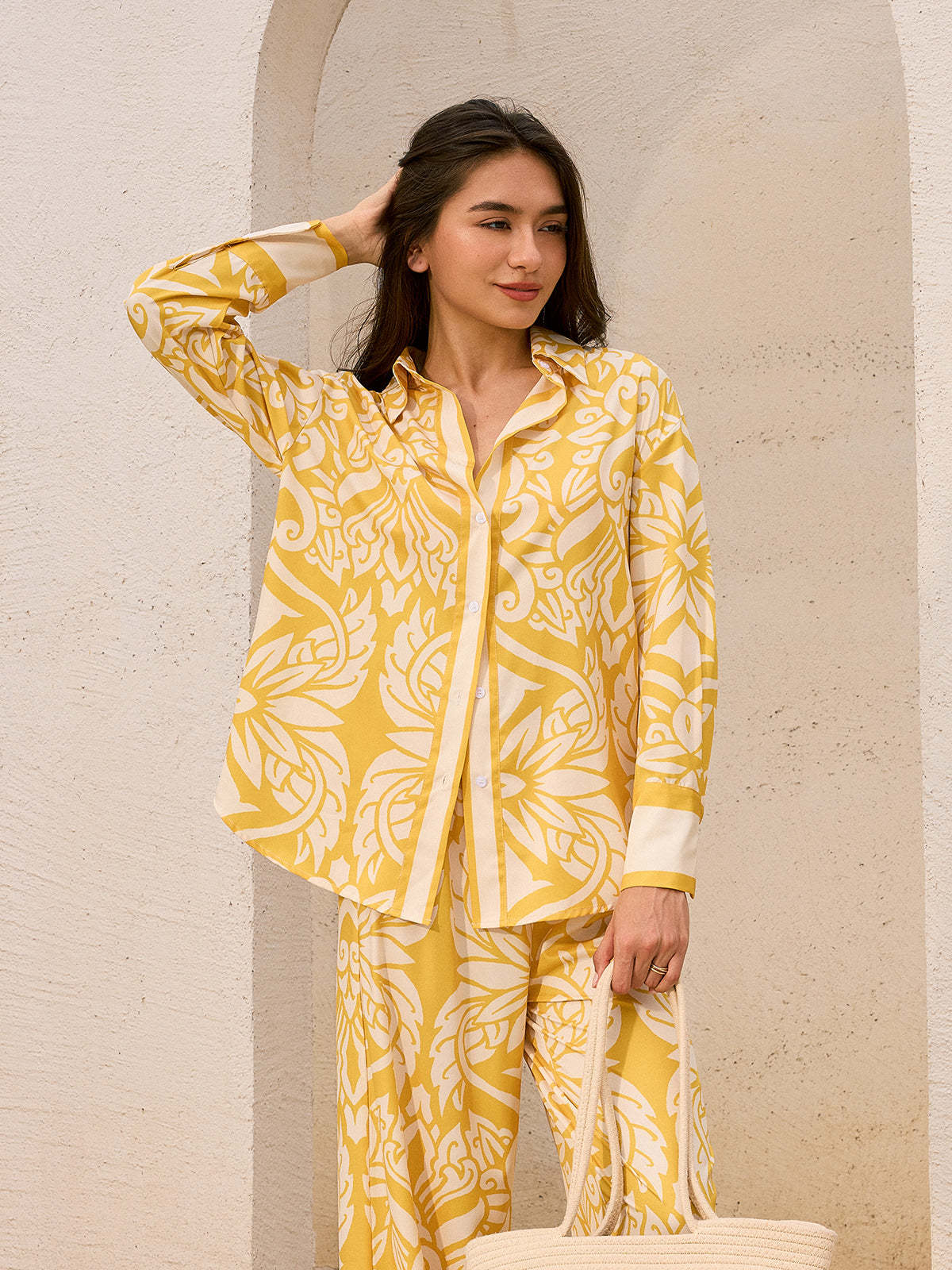 Oversized Patterned Shirt and Pants Set