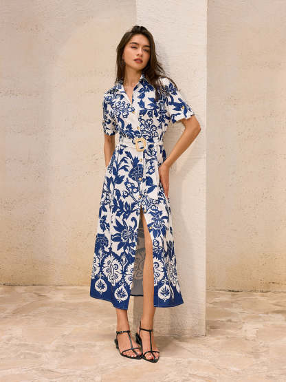 Pocketed Belted Floral Print Midi Dress