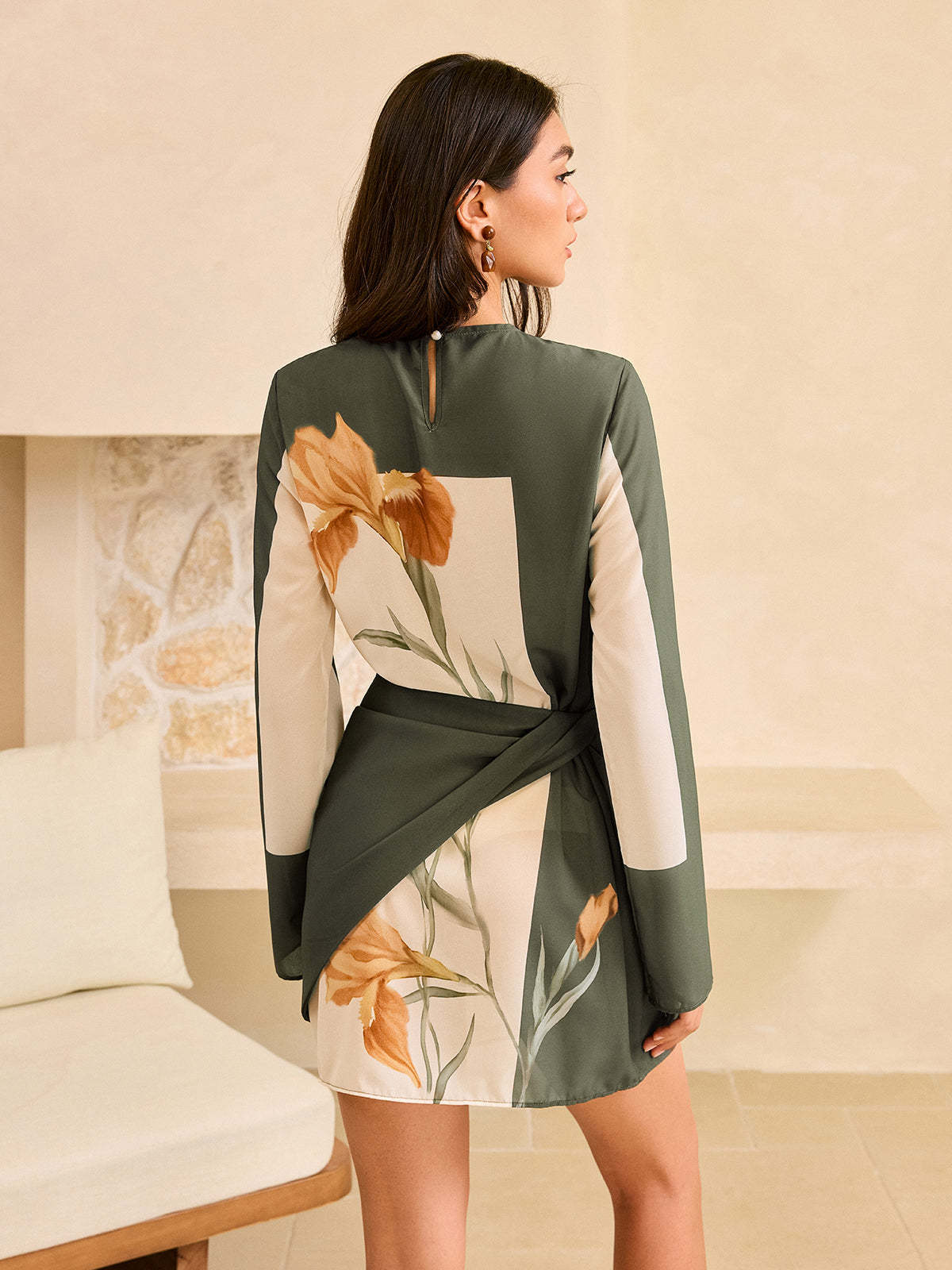 Floral Print Long Sleeve Wrap Dress