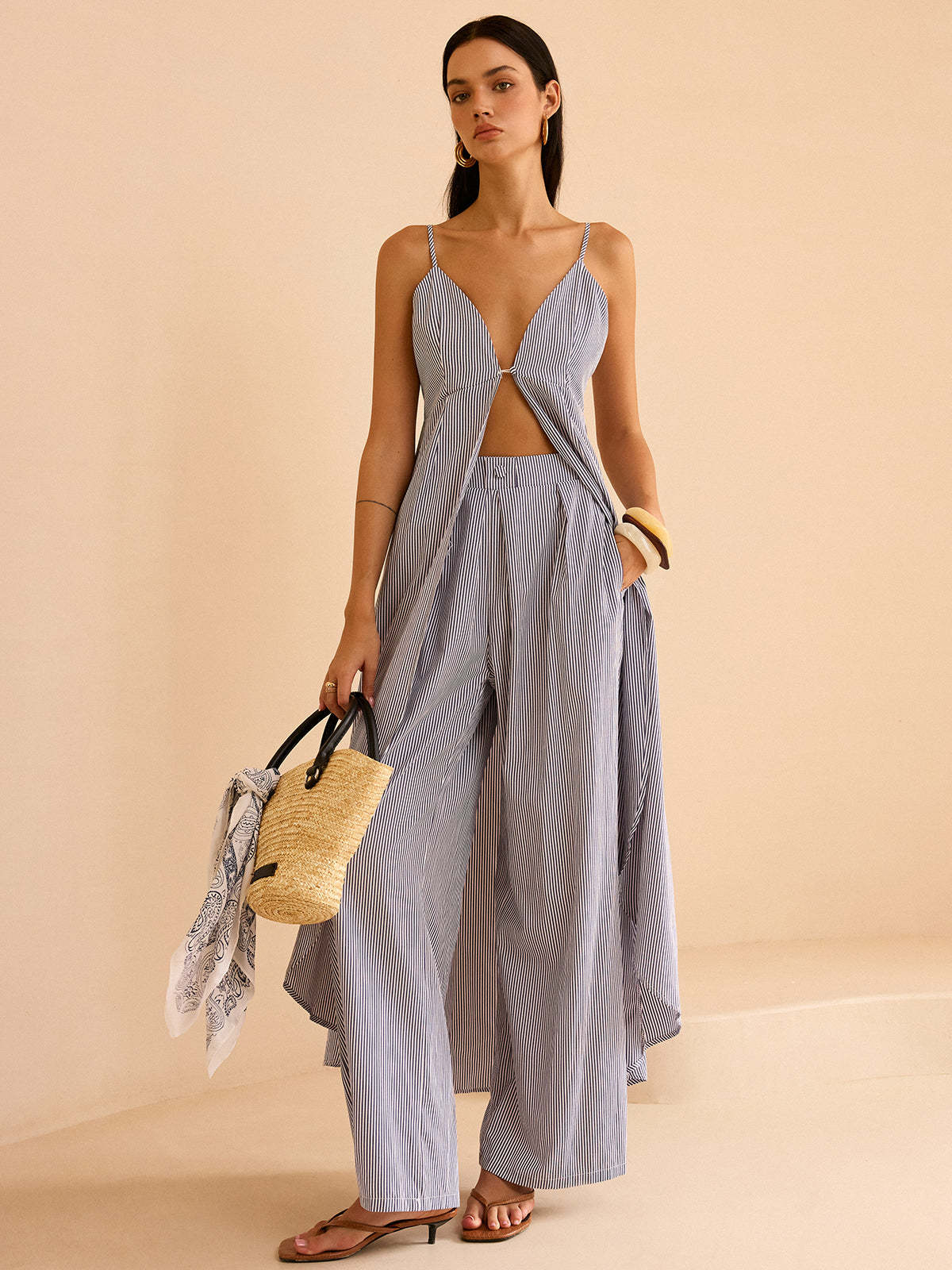 Striped Long Cami Top and Wide-Leg Pants Set