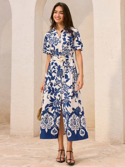 Pocketed Belted Floral Print Midi Dress