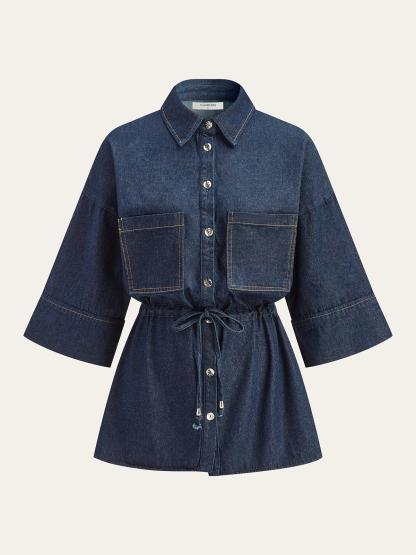 Long Denim Shirt with Drawstring Waist
