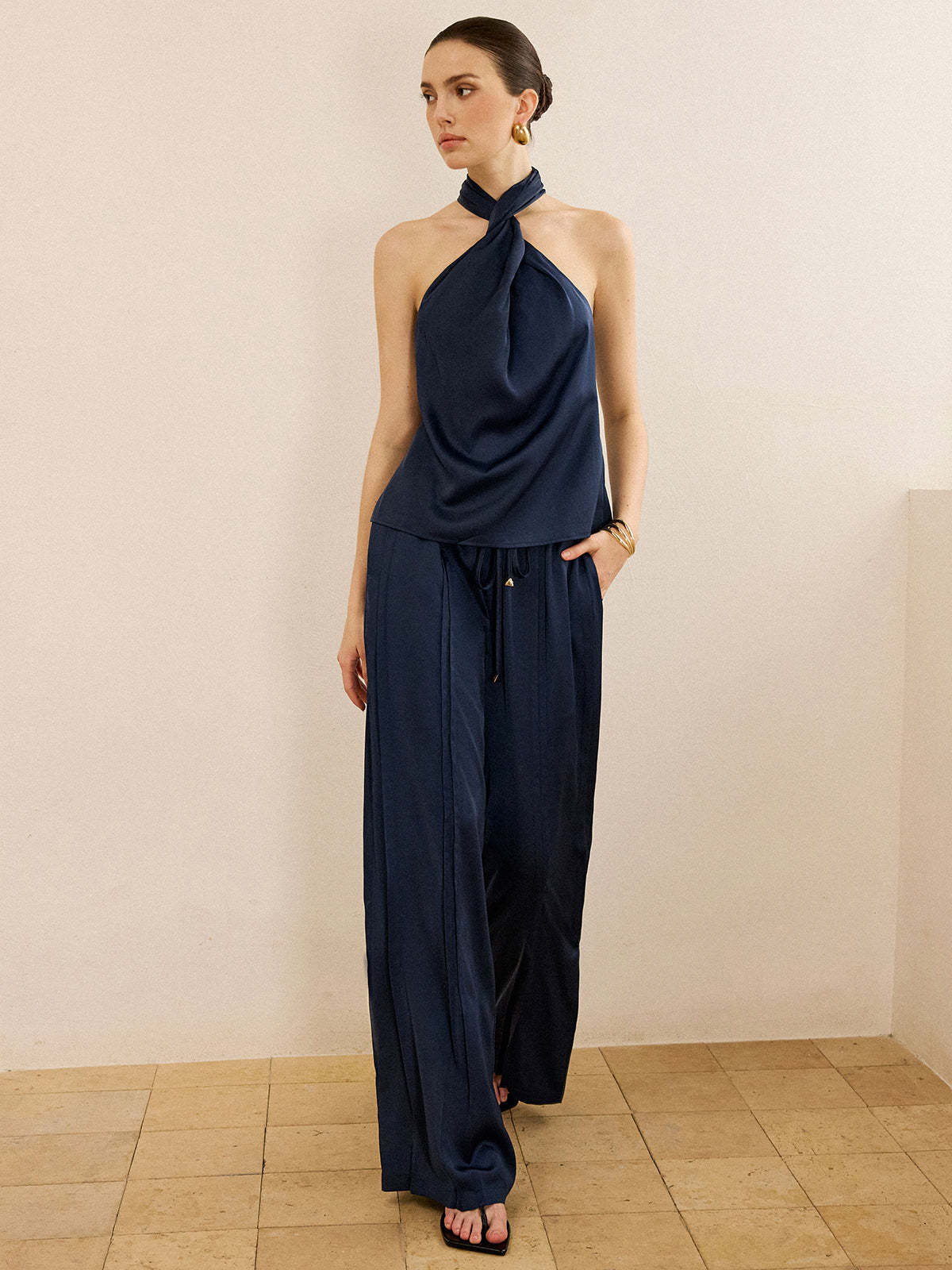 Satin Halter Neck Top and Wide-Leg Pants Set