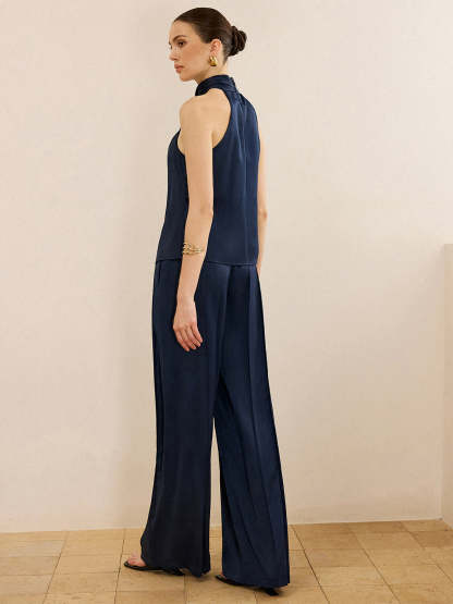 Satin Halter Neck Top and Wide-Leg Pants Set