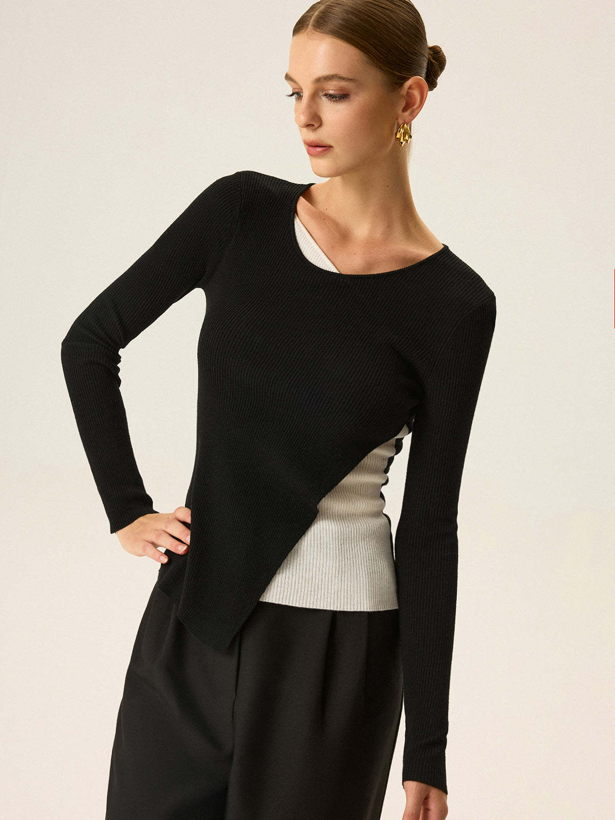 2 in 1 Color-Block Asymmetric Ribbed Knit Top