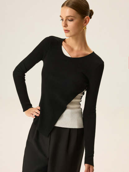 2 in 1 Color-Block Asymmetric Ribbed Knit Top