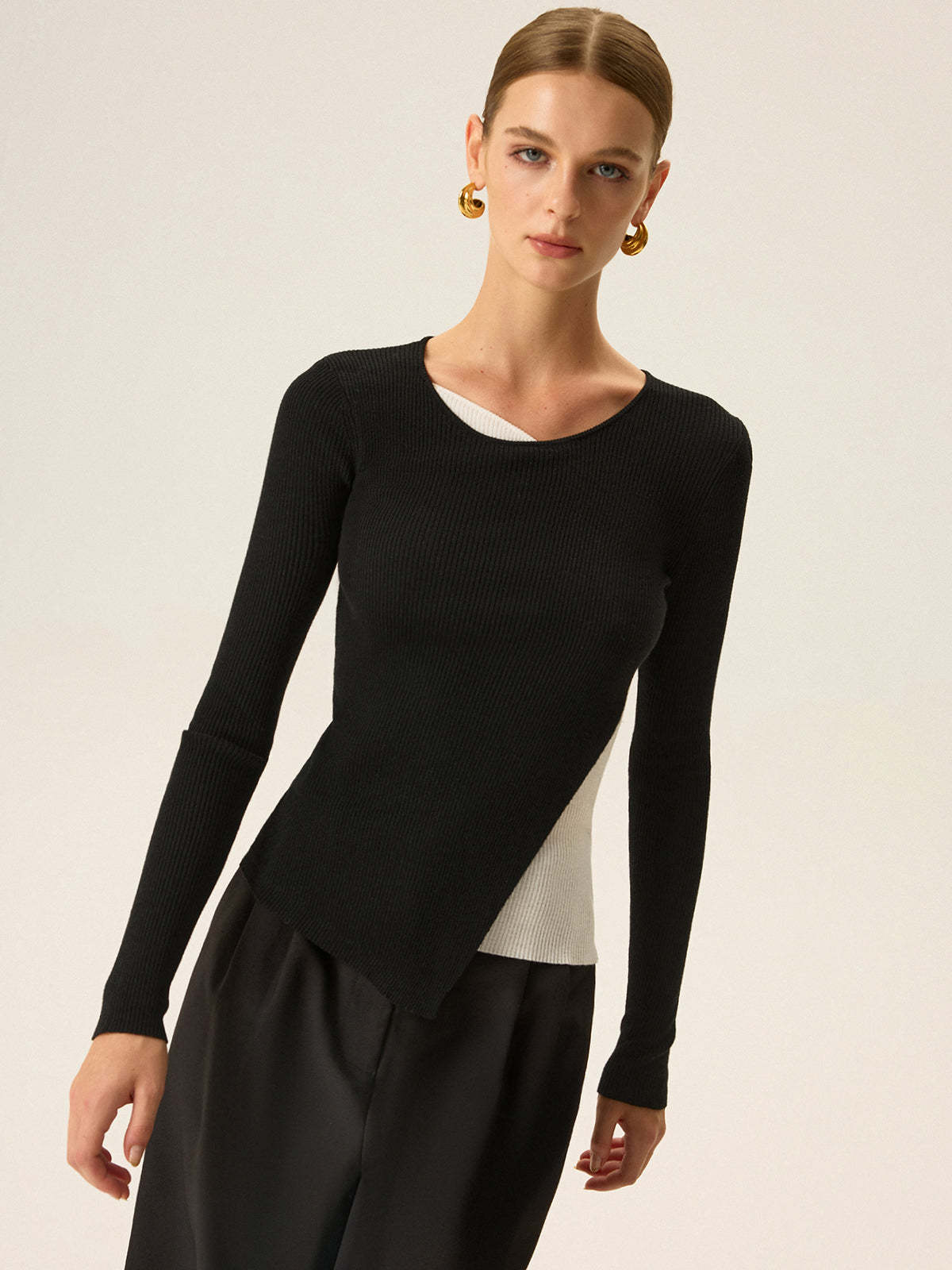 2 in 1 Color-Block Asymmetric Ribbed Knit Top