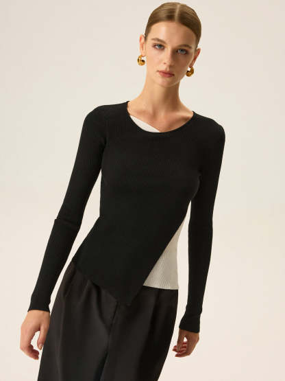 2 in 1 Color-Block Asymmetric Ribbed Knit Top