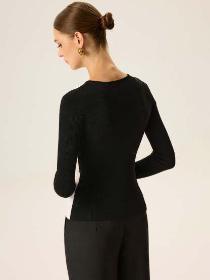 2 in 1 Color-Block Asymmetric Ribbed Knit Top