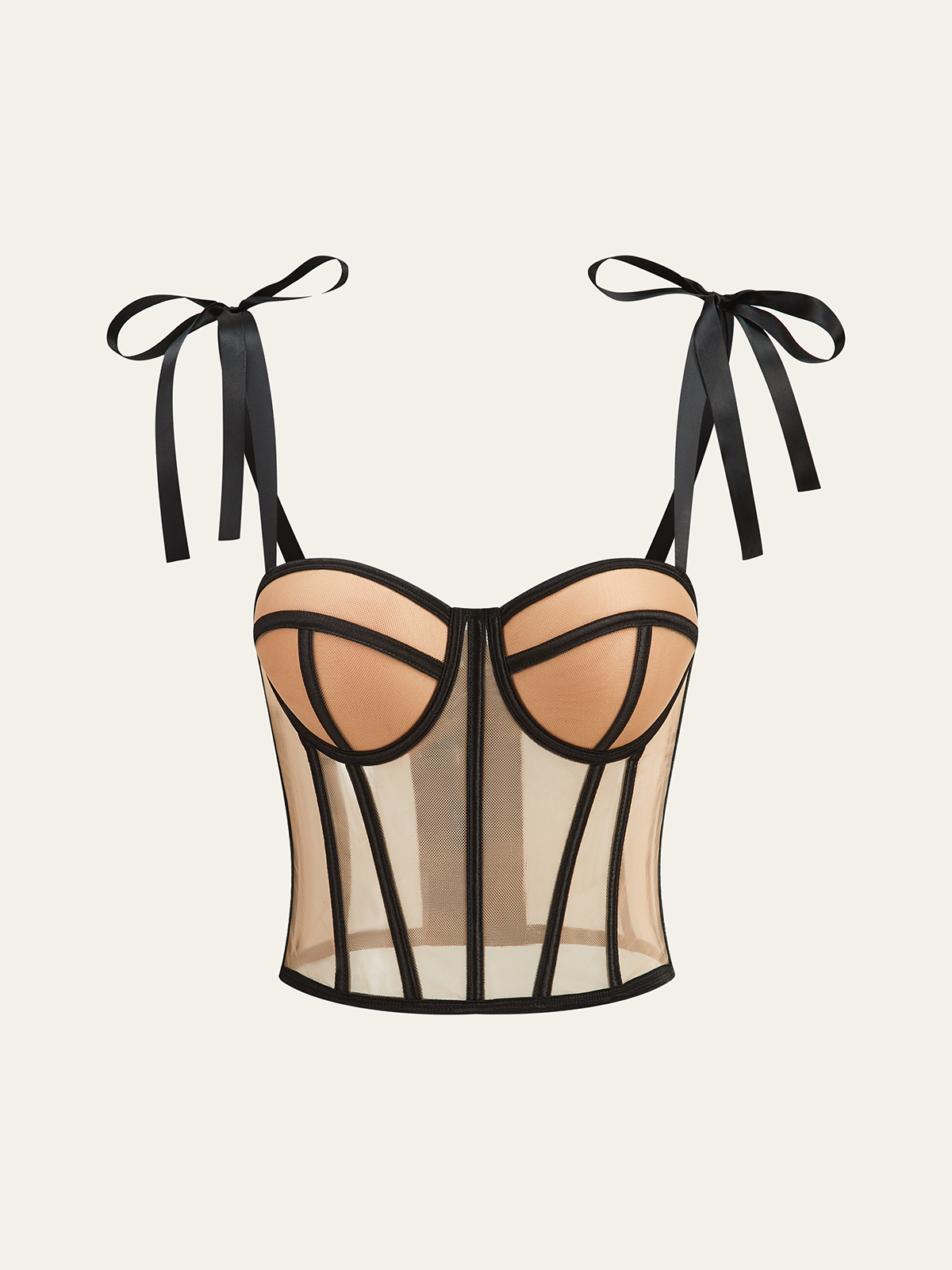 Sheer Mesh Bow-Tied Strap Corset Top