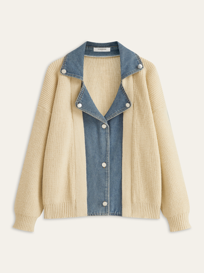 Denim Panel Button Knit Cardigan