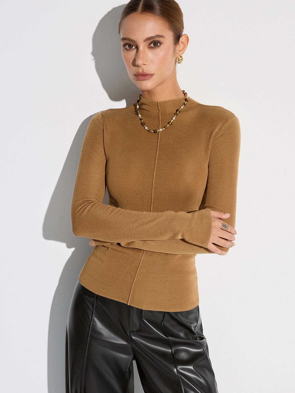 Wool Blend Mock Neck Fitted Long Sleeve Knit Top