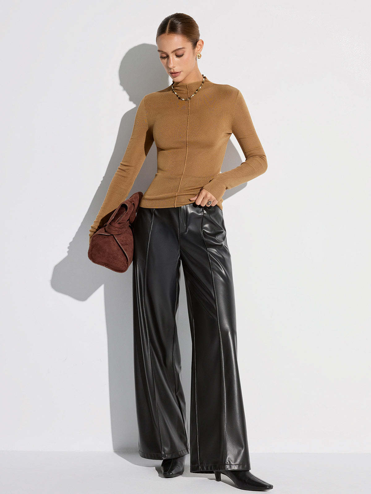 Wool Blend Mock Neck Fitted Long Sleeve Knit Top