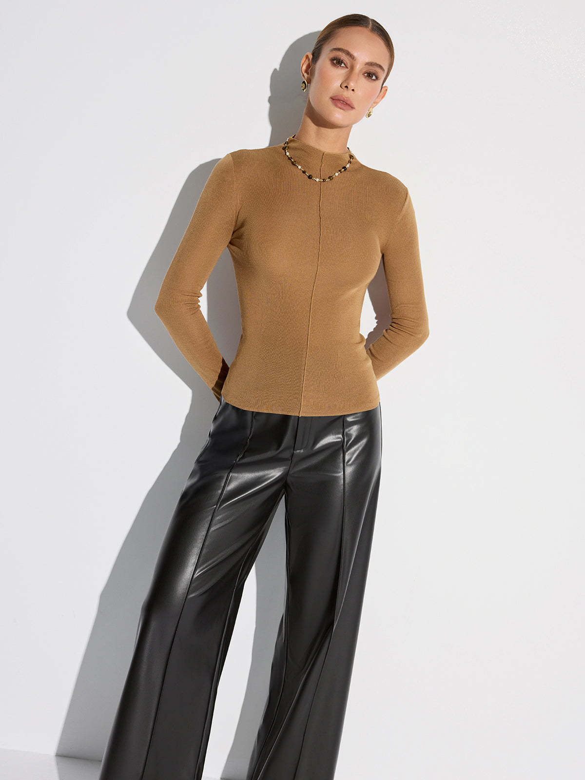 Wool Blend Mock Neck Fitted Long Sleeve Knit Top