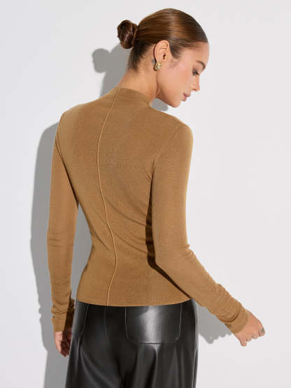 Wool Blend Mock Neck Fitted Long Sleeve Knit Top
