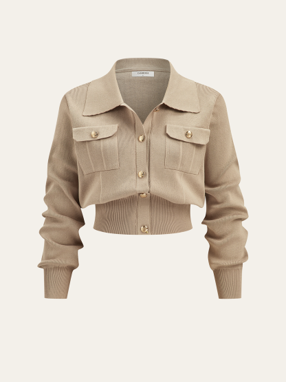 Metal Button Collared Cardigan and Midi Skirt Set