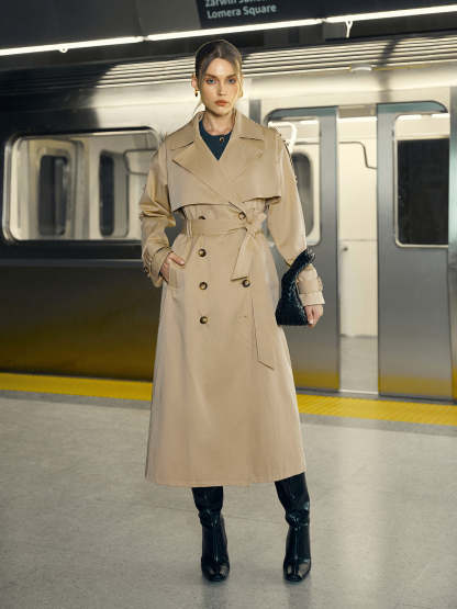 Cotton-Blend Double-Breasted Belted Long Trench Coat