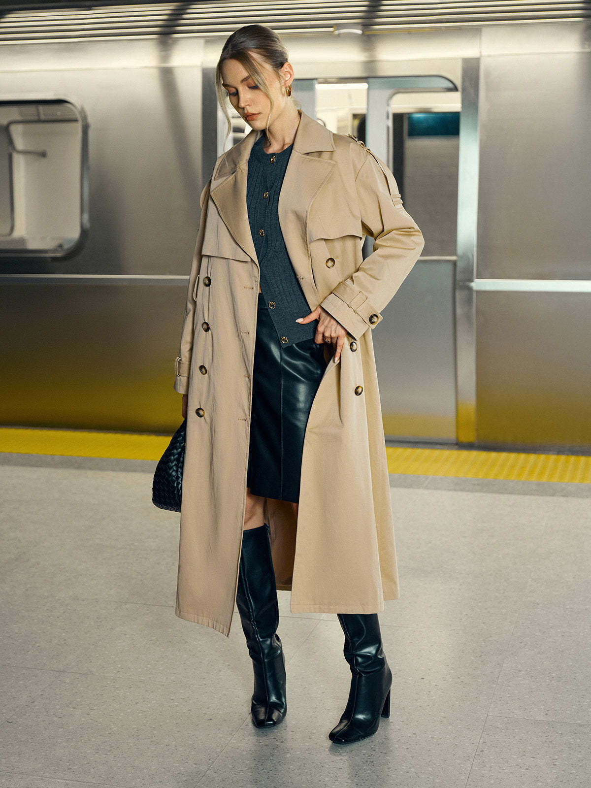 Cotton-Blend Double-Breasted Belted Long Trench Coat