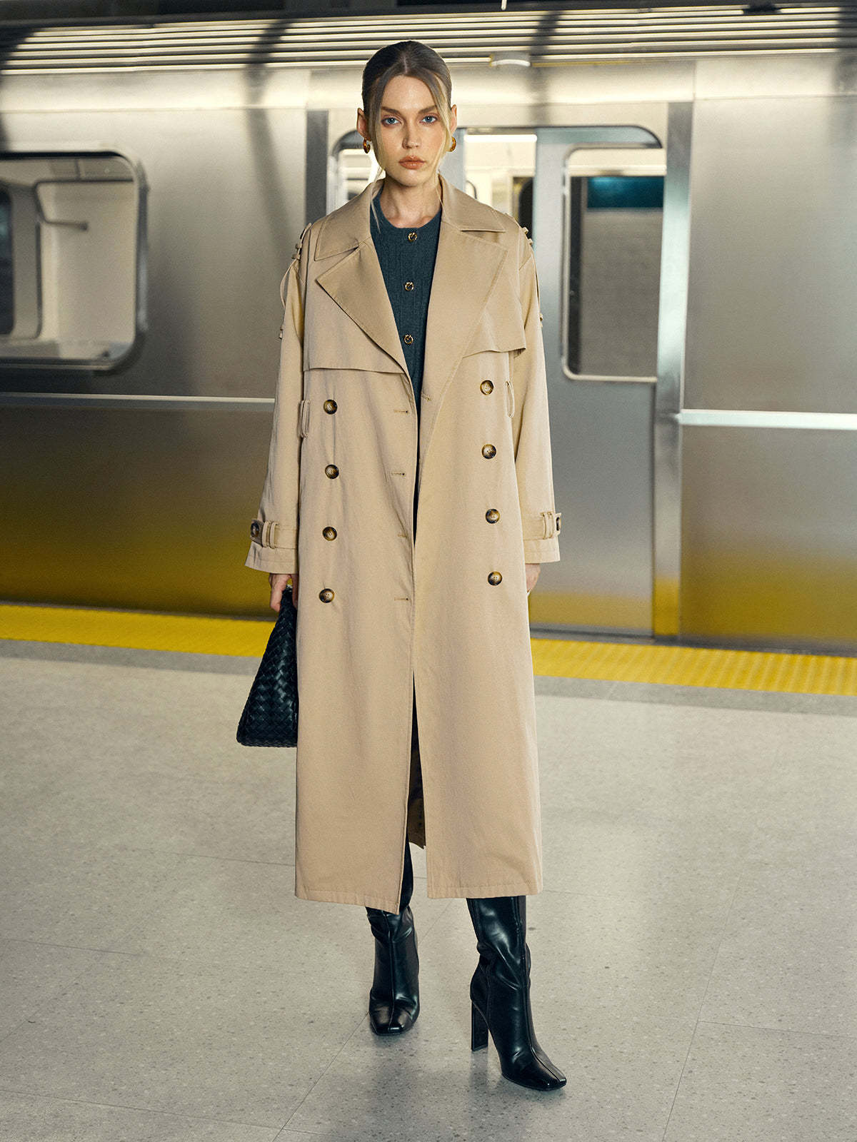 Cotton-Blend Double-Breasted Belted Long Trench Coat