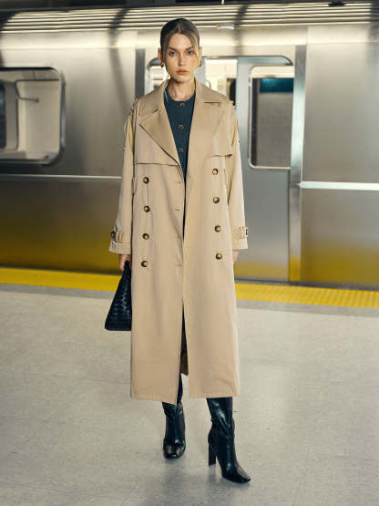 Cotton-Blend Double-Breasted Belted Long Trench Coat