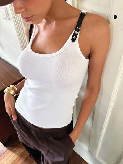 Ribbed Stretchy Faux Leather Buckle Vintage Tank Top