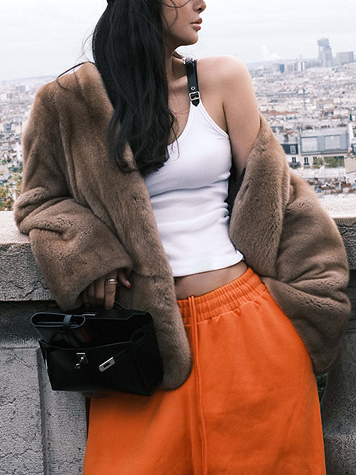 Ribbed Stretchy Faux Leather Buckle Vintage Tank Top