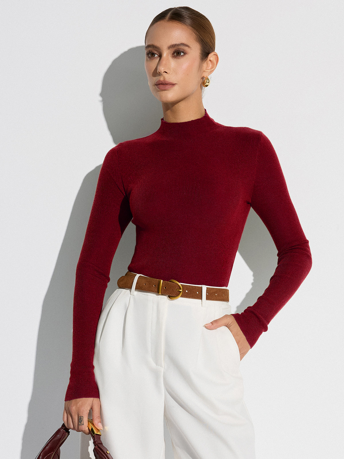 Mock Neck Wool-Blend Knit Top